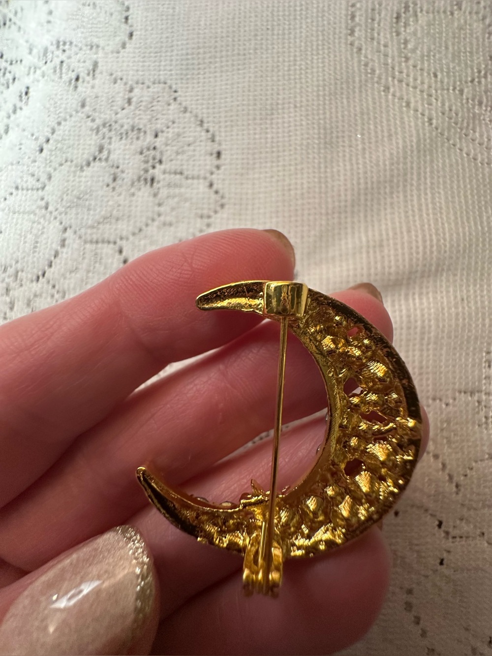 Gold Crescent Moon Crystal Brooch with Green Accents - Picture 4 of 4